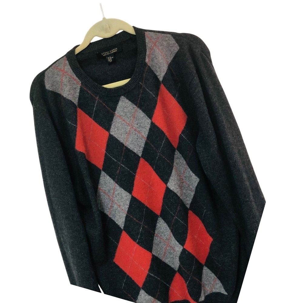 Ethan Pierce Argyle 2-Ply Cashmere Sweater Mens XL Old Money Preppy Grandpa Core